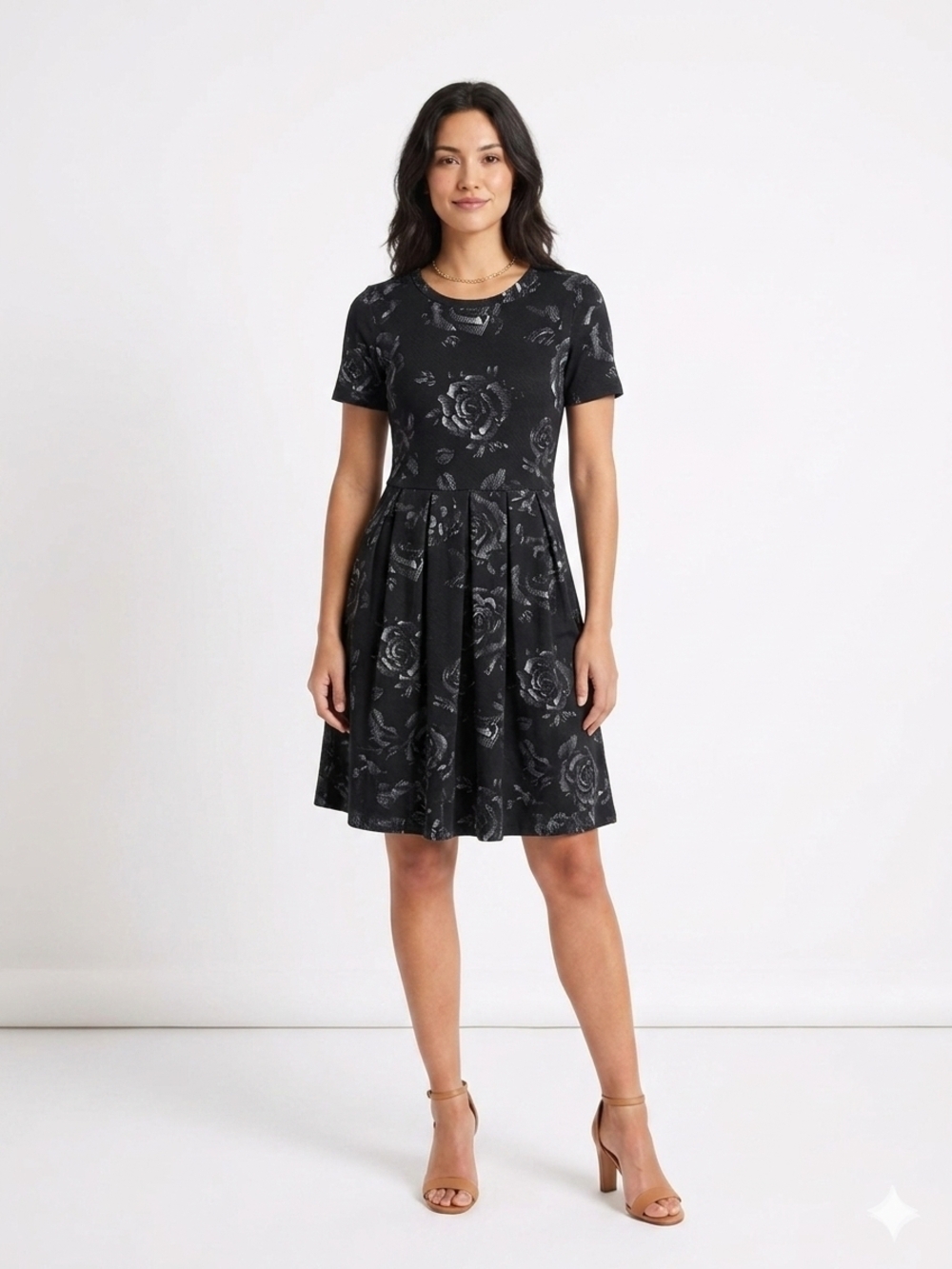 Black Floral Short Sleeve Fit-and-Flare Dress